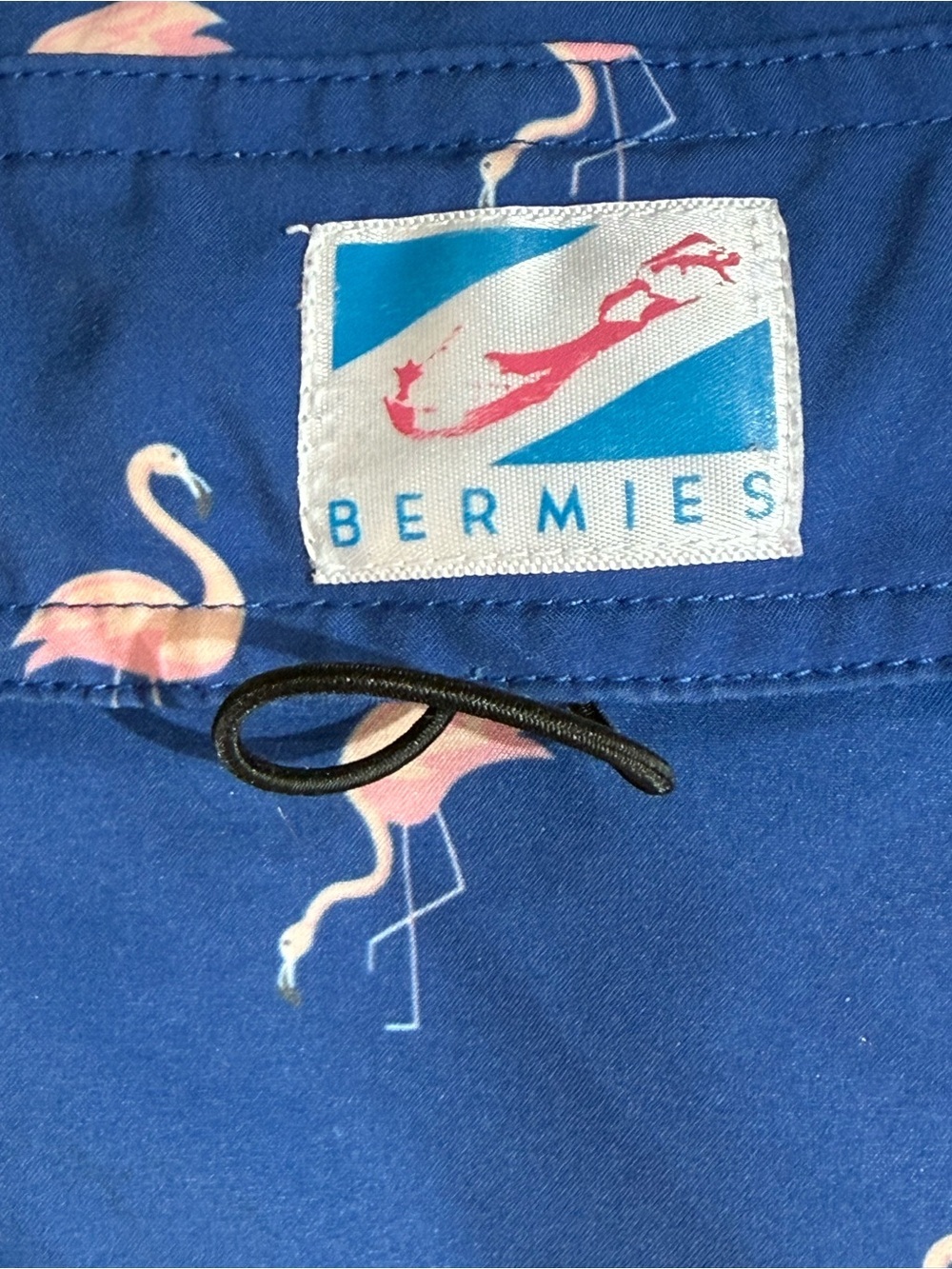 Bermies Men's Blue Pink Flamingo Print Swim Trunks Drawstring Waist Size Small - Picture 4 of 8